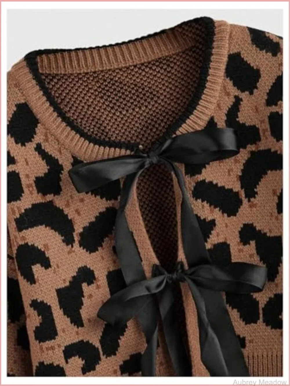 Y2K Cheetah Print Tie Front Crop Cardigan Sweater Long Sleeve Crew Neck
